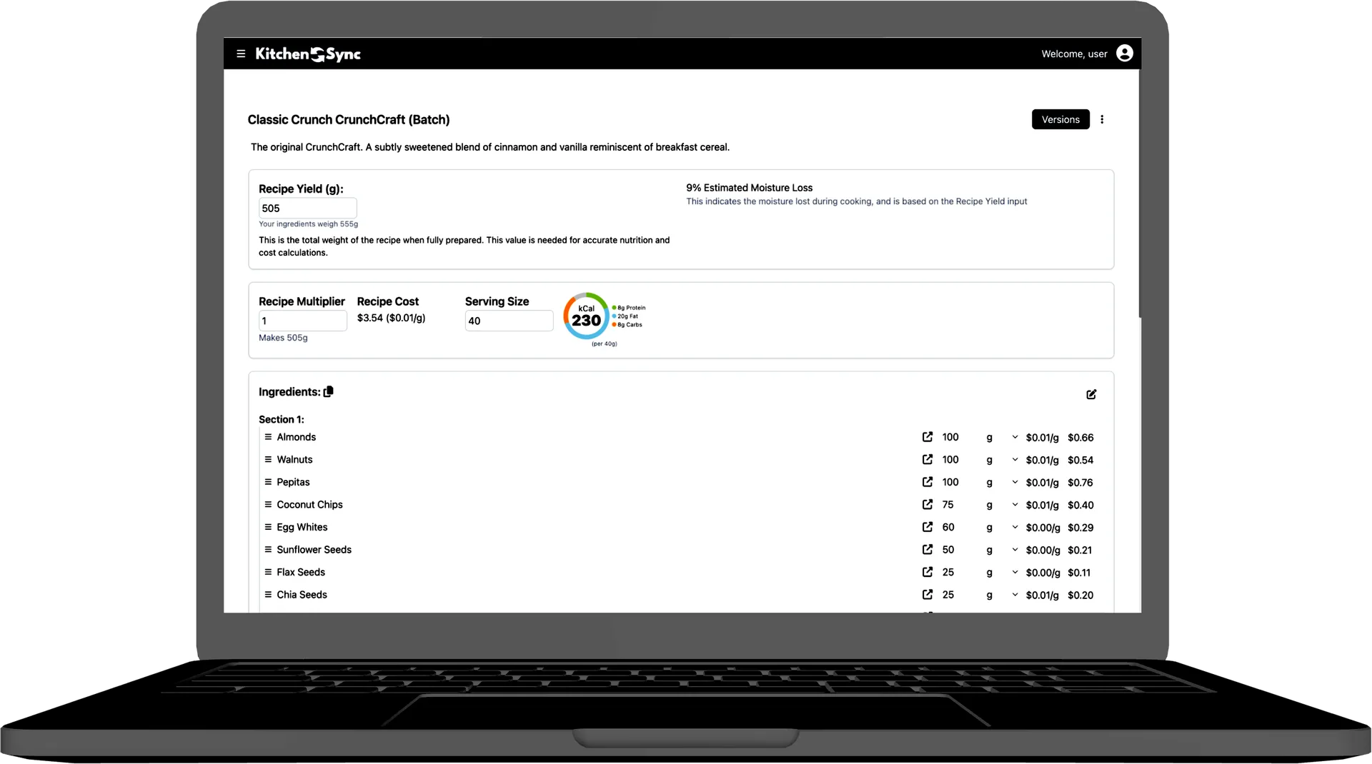 KitchenSync recipe management app shown on a laptop screen