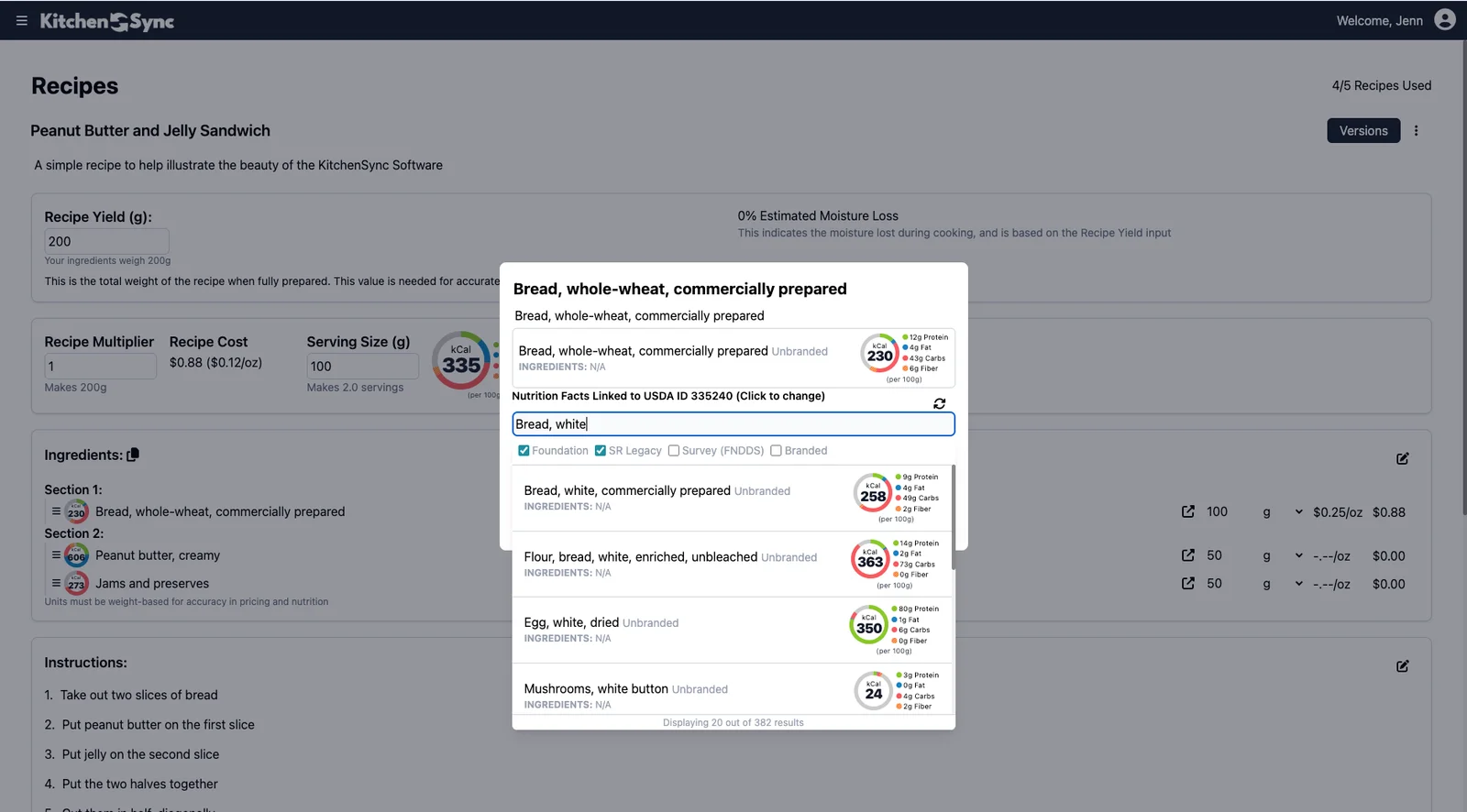 KitchenSync nutrition data search to update linked USDA ingredient entry