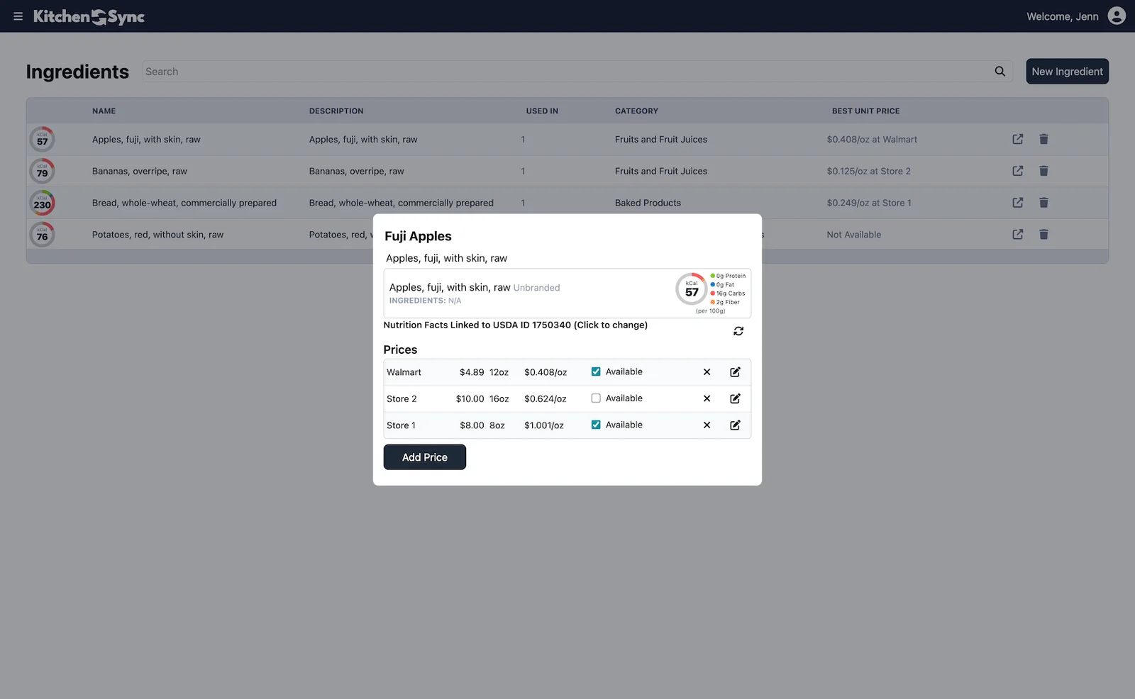 KitchenSync ingredient details page showing nutrition data and supplier prices