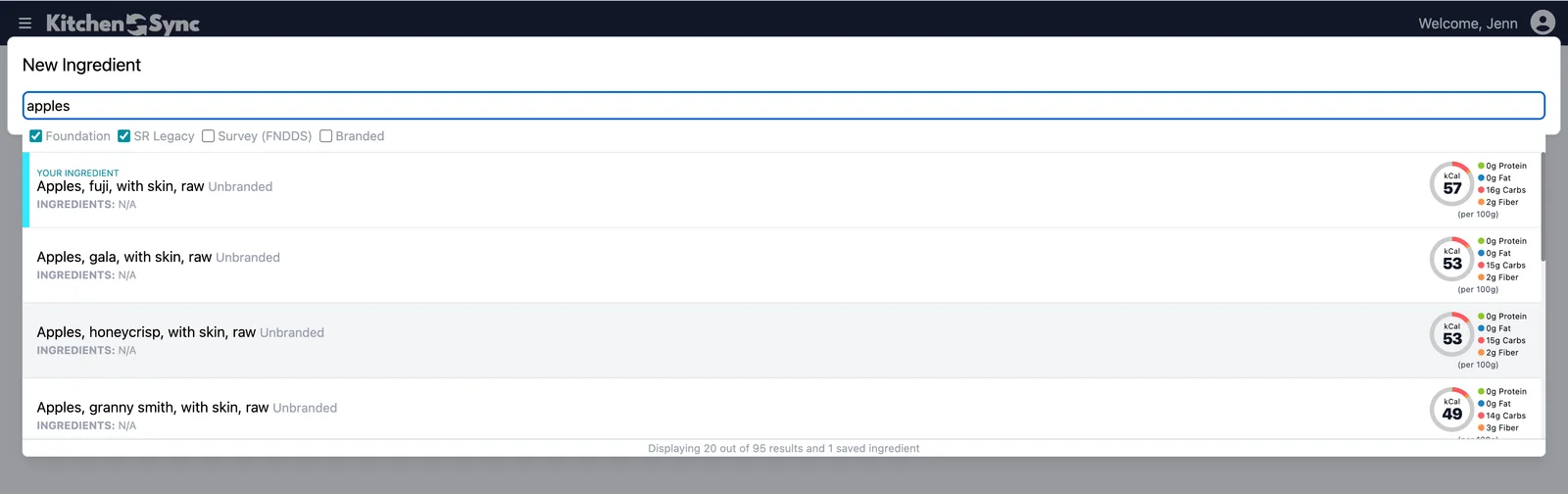 KitchenSync ingredients page with search bar and macronutrient wheels