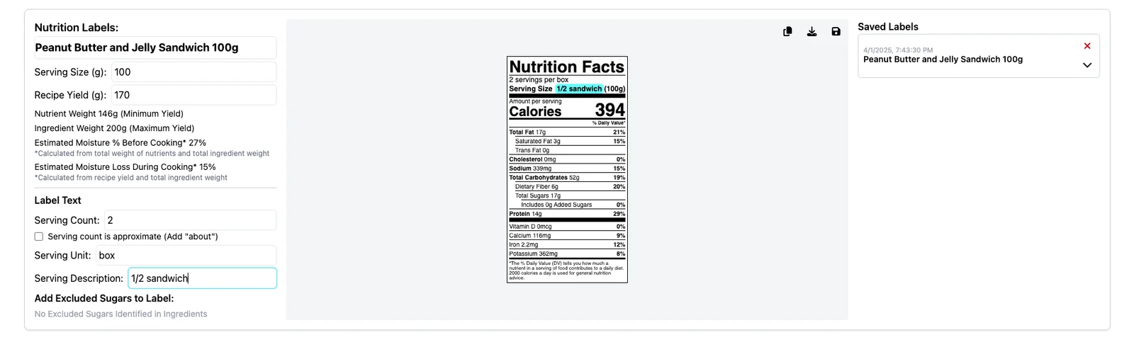 FDA-compliant nutrition facts label generated by KitchenSync with serving size and export options