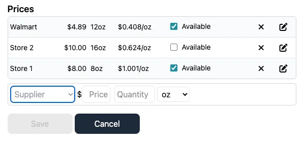 KitchenSync ingredient pricing table with supplier costs and unit price calculation
