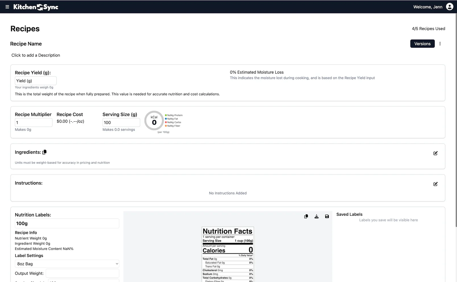 KitchenSync recipe page showing recipe cost, serving size and nutrition together