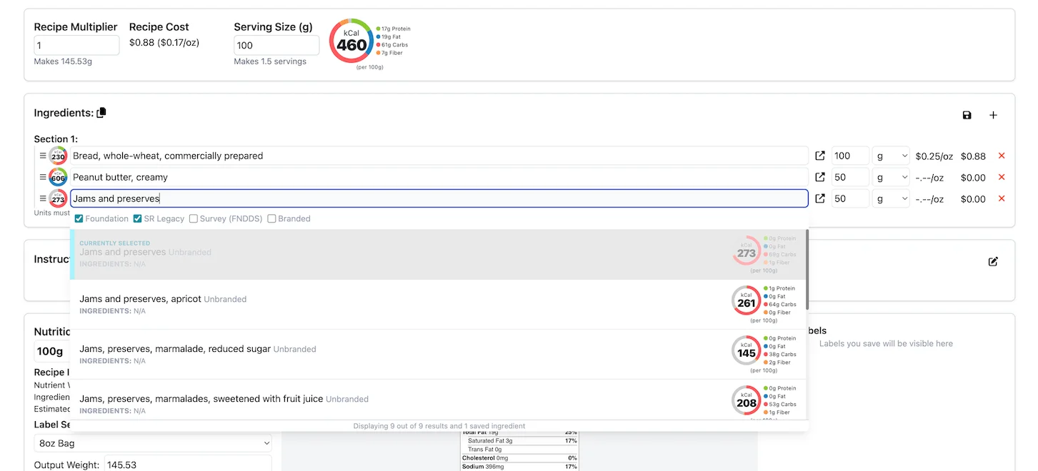 KitchenSync recipe ingredients panel with USDA database search