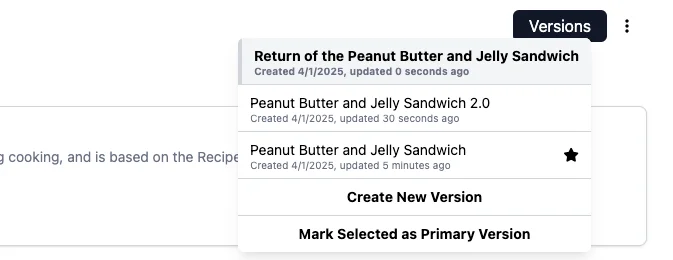 KitchenSync recipe version dropdown showing linked versions and the primary version
